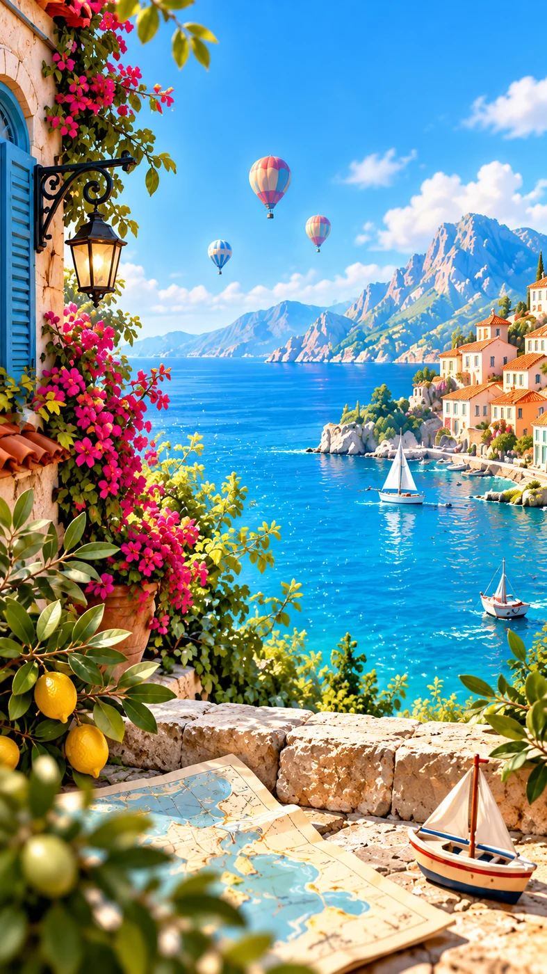 Sunlit Mediterranean coast with colorful houses, flowers and sailing boats